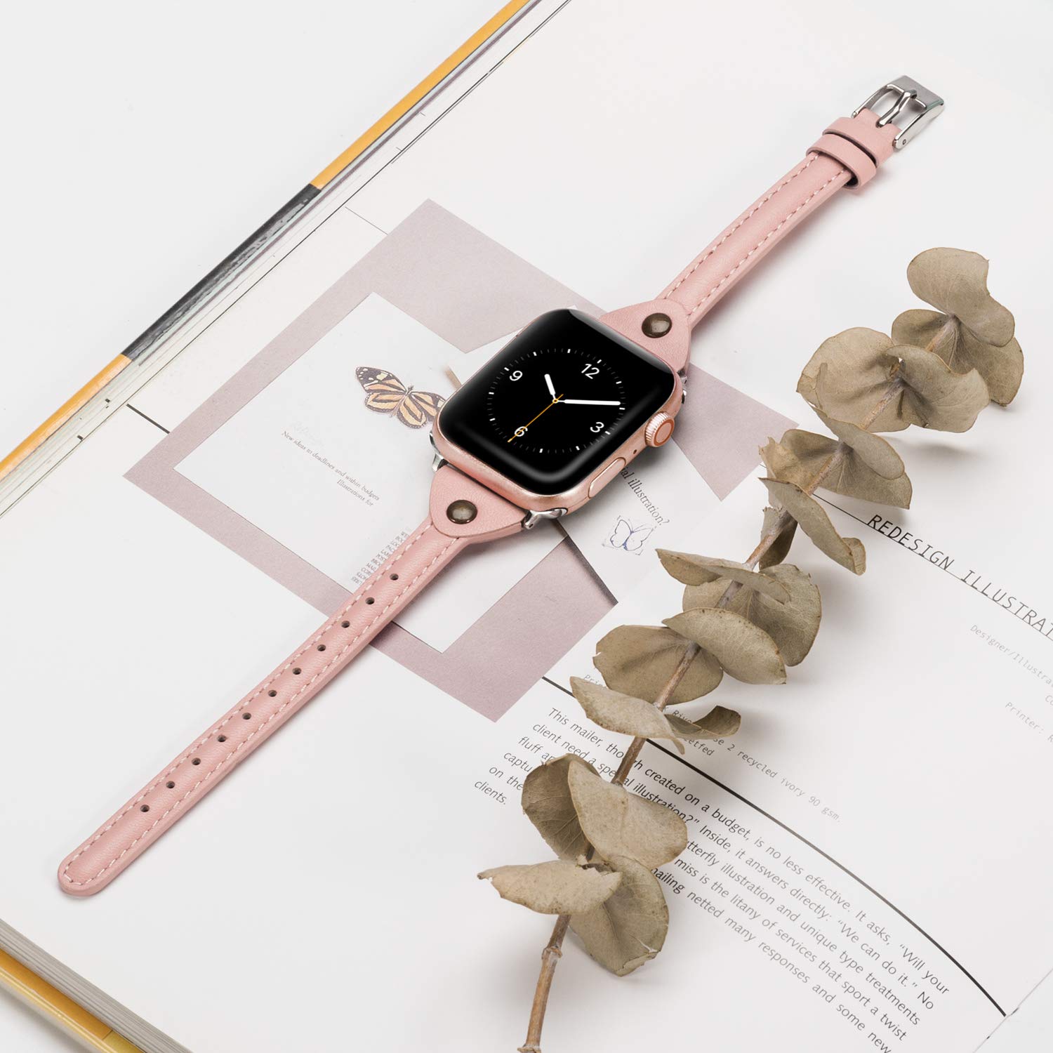 Wearlizer Womens Pink Slim Leather Compatible With Apple Watch Bands 38Mm 40Mm 41Mm For Iwatch Se Strap Wristbands Leisure Cute